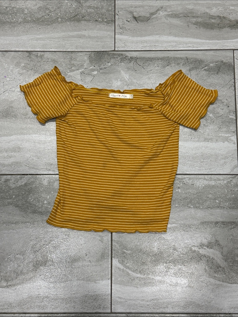 Heart Hips Mustard Yellow Striped Off-Shoulder Crop Top
